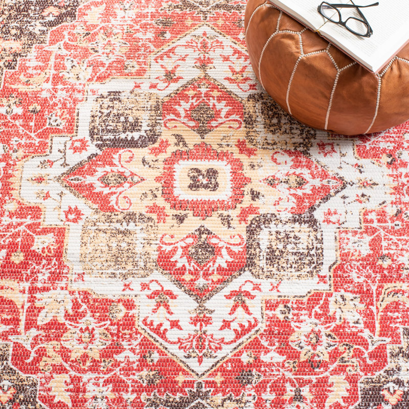 Tapis oriental rouge tissé à plat à la main Joppatowne, Carré 6 pi