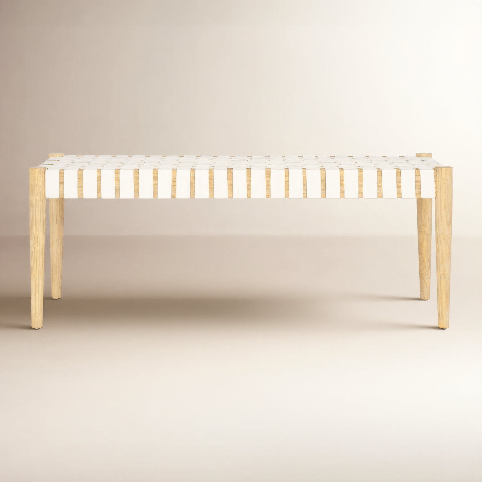 Orin 47" Woven Leather Dining Bench, Light Oak Frame/Off-White Leather