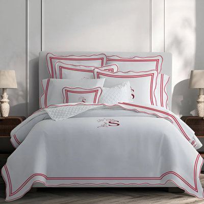 Monogram 400TC Wavy Embroidery & Border Cotton Sateen Solid Duvet Cover Set