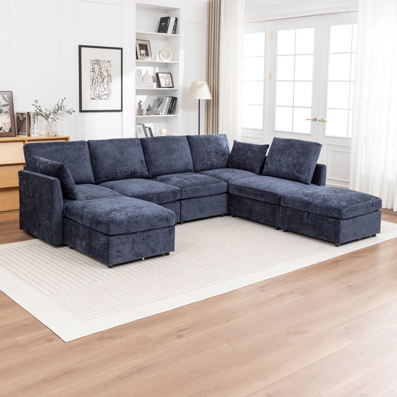 Wilroy 7-Piece Upholstered U-Shaped Sectional Sofa, Blue
