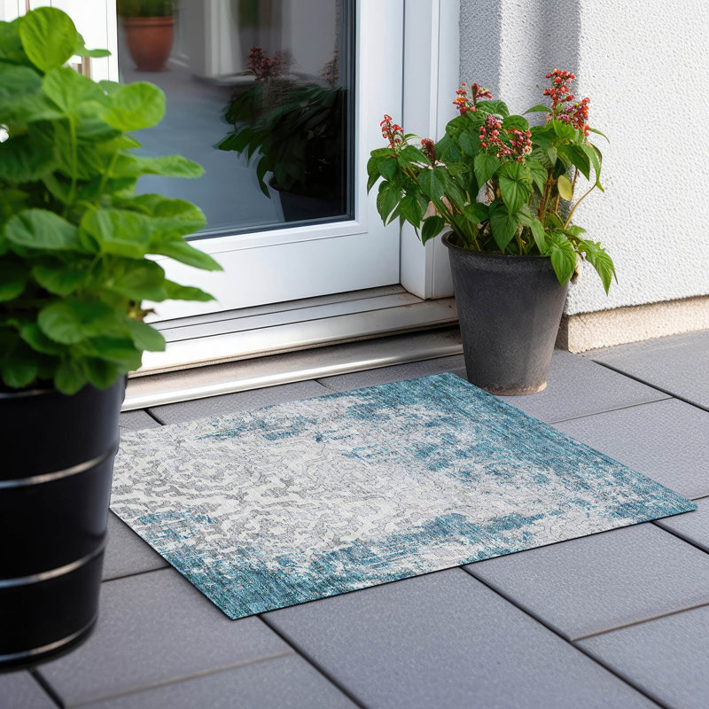 Tapis gris / bleu sarcelle tissé à la machine Lamanna, Rectangle 1 pi 8 po x 2 pi 6 po