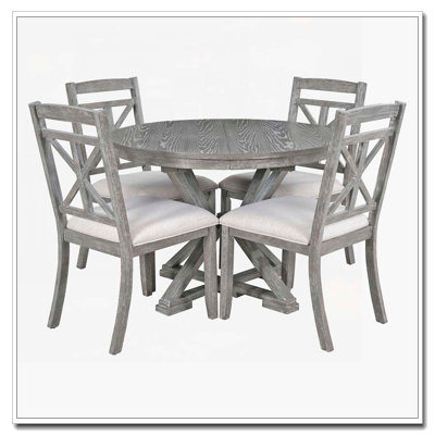 4-Person Dining Table Set Extendable Round Table and 4 Upholstered Chairs for Dining Room and Living Room