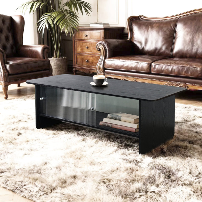 Table basse rectangulaire moderne minimaliste de 47 po avec porte coulissante en verre, idéale pour le salon, la chambre à coucher, le bureau, facile à assembler, noir