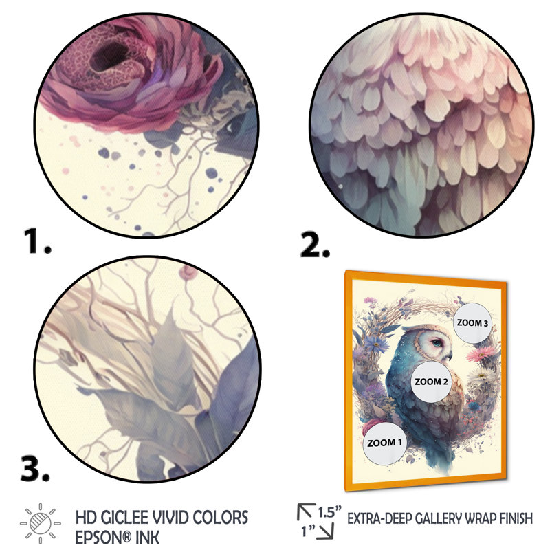 «Cute Owls Floral III», impression sur toile, H 32 po x l 16 po x P 1 po, Cadre photo doré
