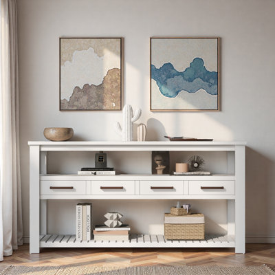 Console Table With 4 Drawers, 3-tier Open Shelves And Metal Handles