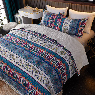 Boho Quilt Set Queen Size - Lightweight Bohemian Blue Bedspread for Bedroom Decor