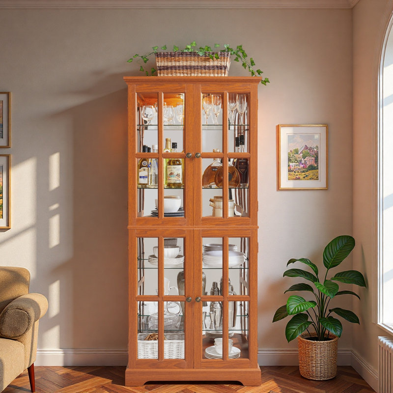 Vitrine antique avec portes en verre, tablettes réglables en verre et lumière DEL, Oak