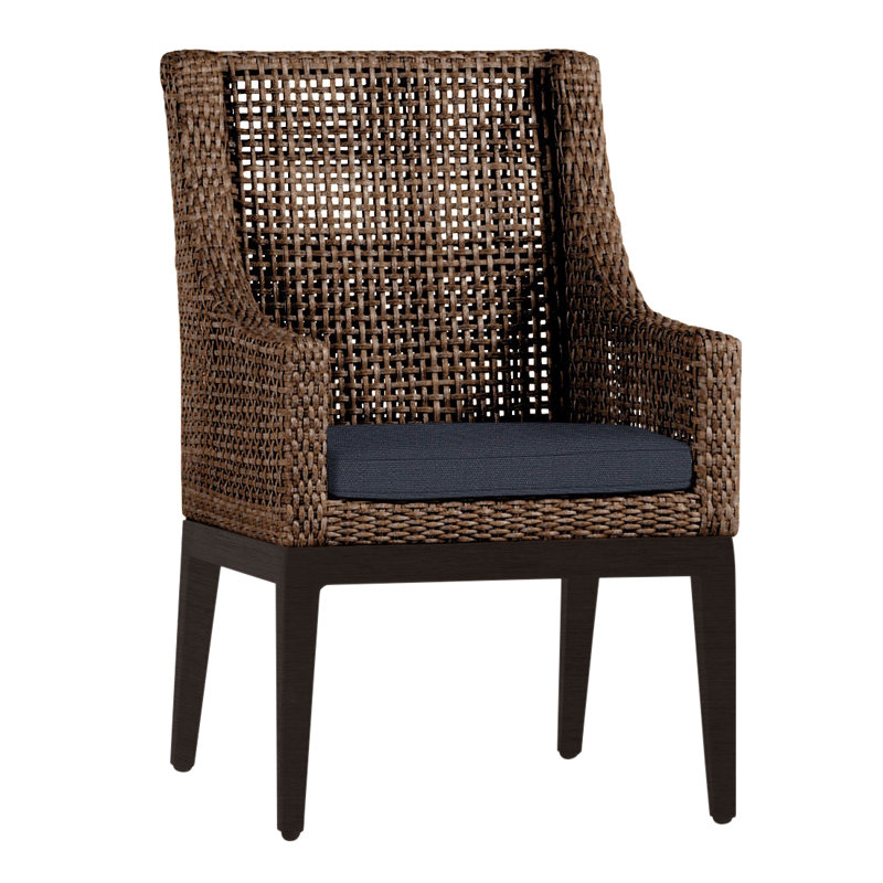 Peninsula Patio Dining Armchair with Cushions, No Welt, Linen Navy, Mahogany/Chestnut
