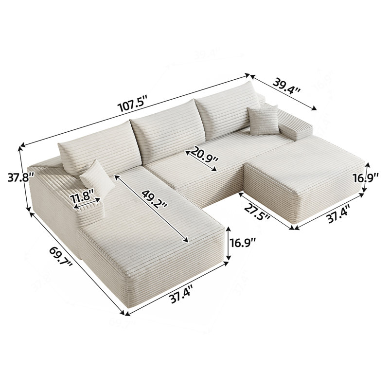 Canapé modulaire 107 po avec 1 repose-pieds Cloud, fauteuils rembourrés minimalistes modernes, canapé confortable en forme de U pour le salon, canapé d'angle à siège profond, aucun assemblage requis (tissu en velours côtelé moelleux), blanc