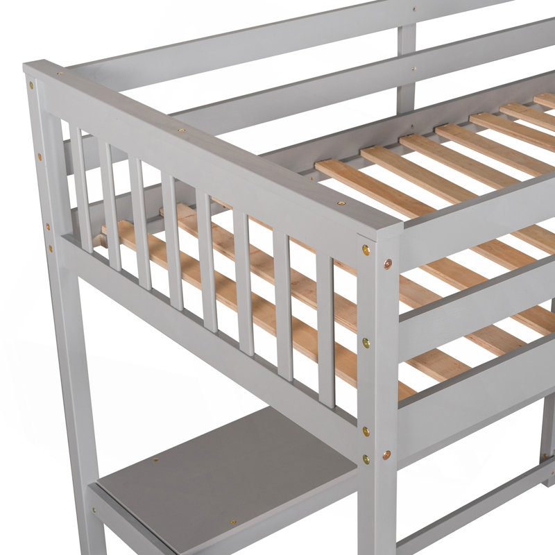 Lit mezzanine simple avec tablettes de rangement et bureau sous le lit, gris