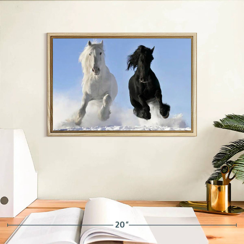 Winter Friesian Horses, Floating Frame Natural Wood, 13" X 9"