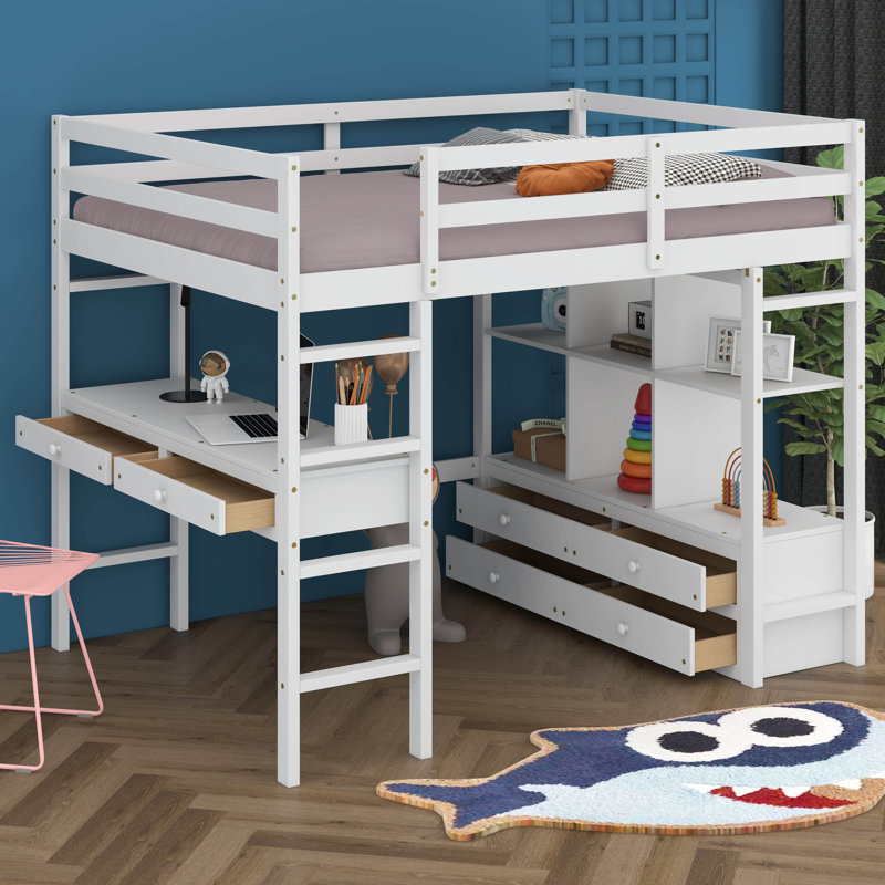 Loft Bed with Built-in Desk with Two Drawers, and Storage Shelves and Drawers, Full, White 