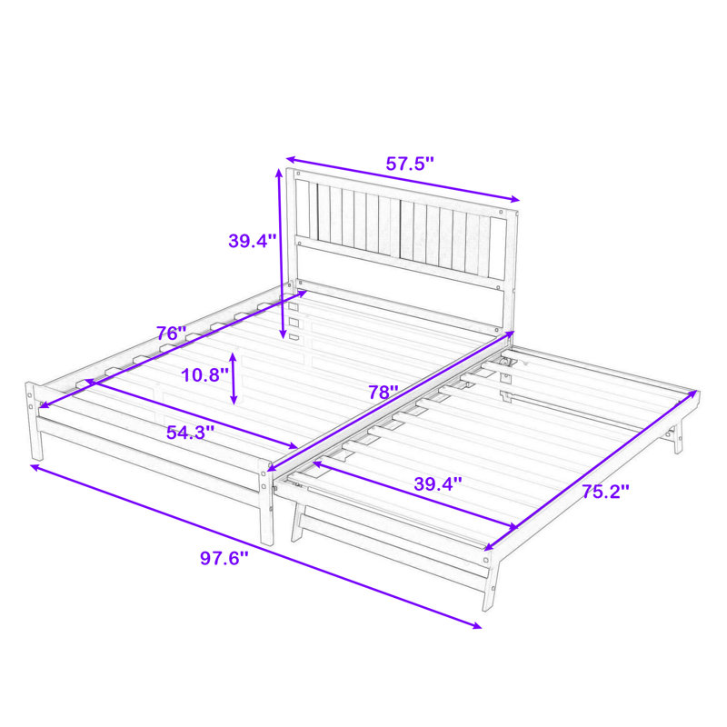 Full Wood Platform Bed with Twin Adjustable Trundle and Headboard, White