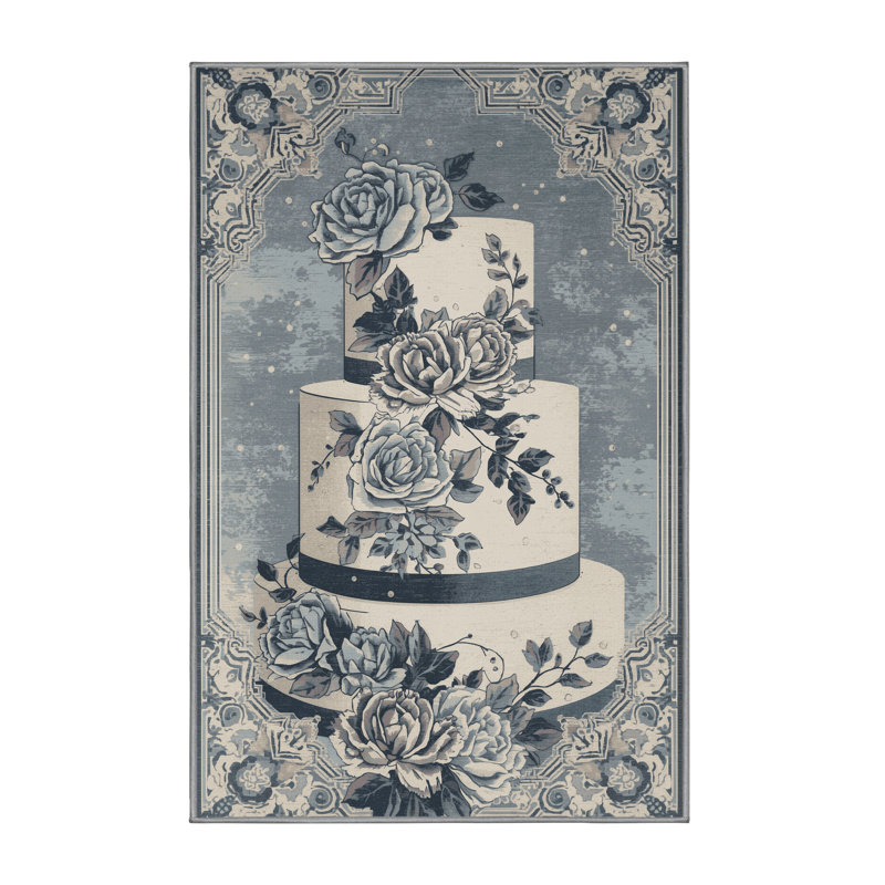 Machine Washable Easton Wedding Cake Posh & Luxe Floral Rug in Gray – Gray Binding, 8x12