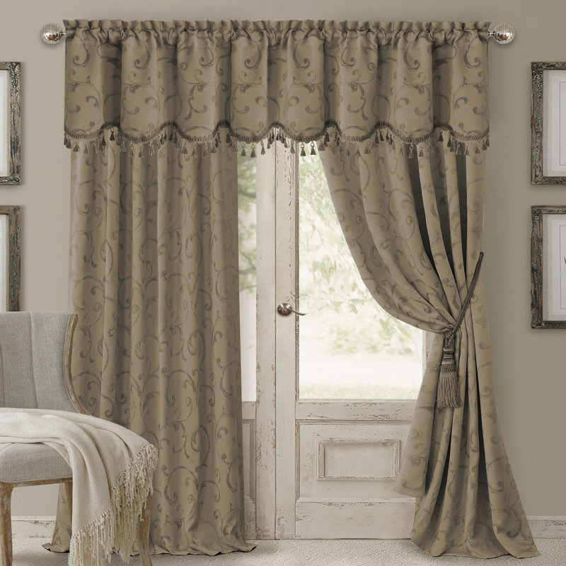 Rakowski Jacquard Scroll Damask Blackout Single Curtain Panel, Taupe, 52" W x 84" L