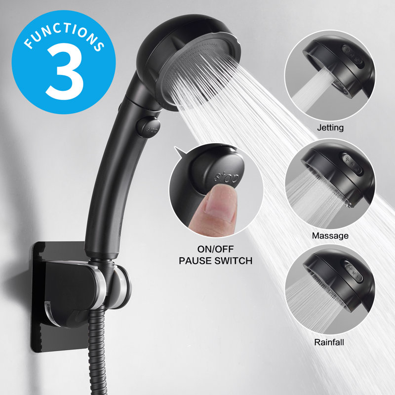 High Pressure Handheld Shower Head With Pause Switch And Hose, Black