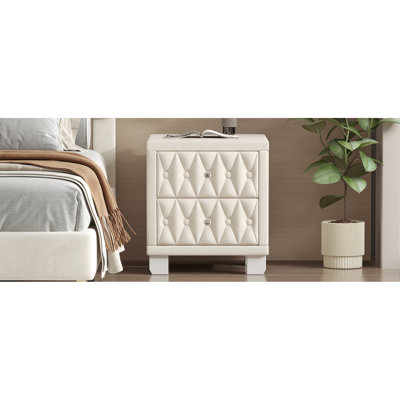Polished Beige Velvet Bedside Storage Table With 2 Drawers, Crystal - Trimmed And Button Design, Build Elegant Handles For Smooth Operation, Look