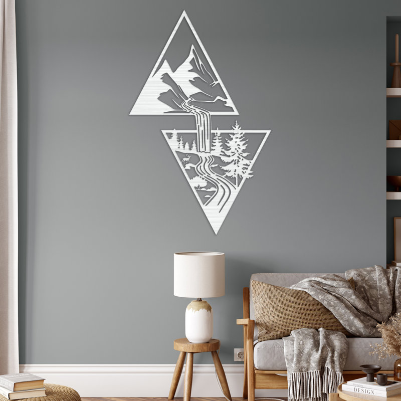 Art mural double triangulaire avec montagnes, arbres et rivière - ACM noir (46 po x 29,06 po), Blanc