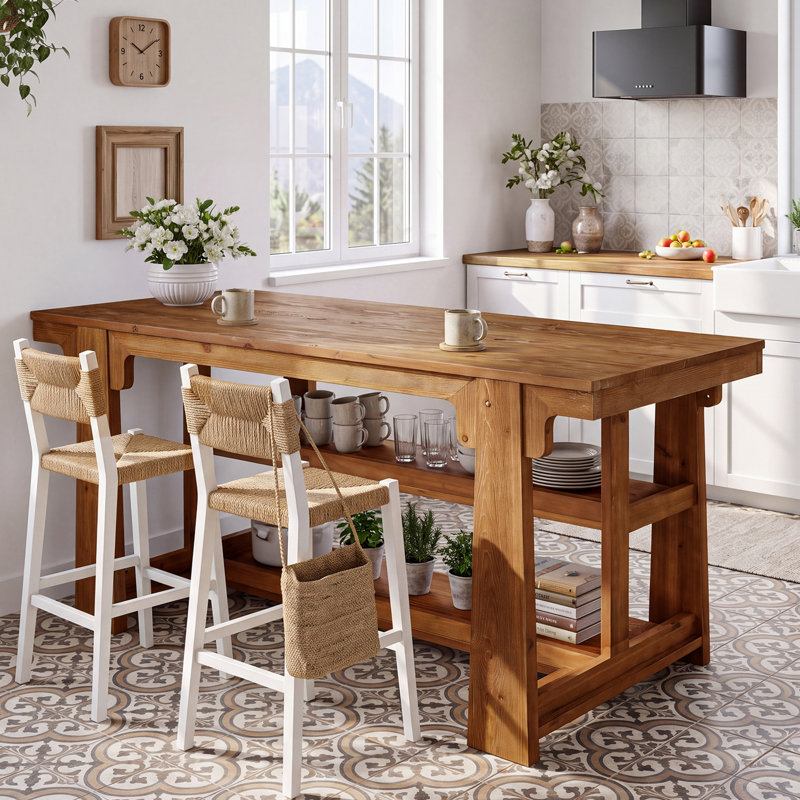 Îlot de cuisine en bois massif de 63 pouces avec tablettes de rangement, table de bar à hauteur de comptoir Farmhouse Island