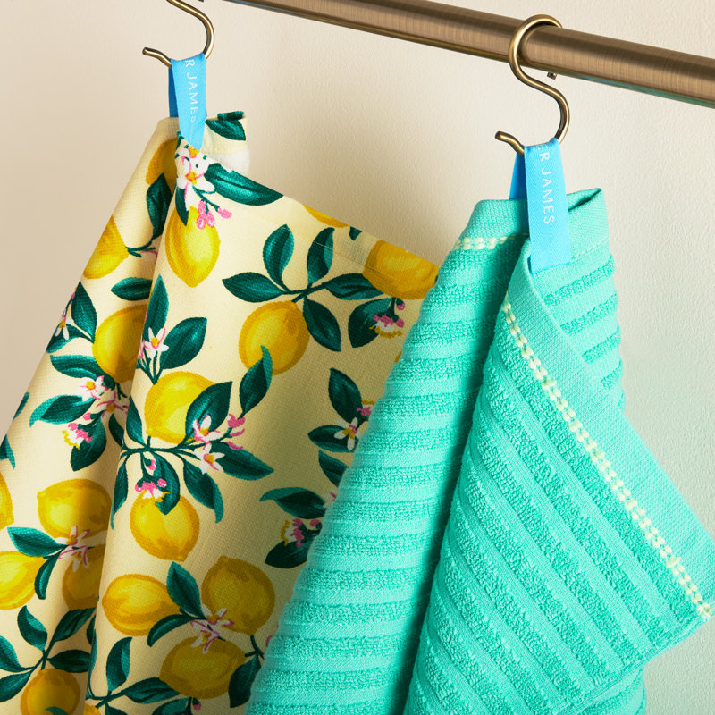 DRAPER JAMES Lemon Blossom Kitchen Towel 3-Pack Set, Absorbent 100% Cotton, Yellow/Green, 17"x28"