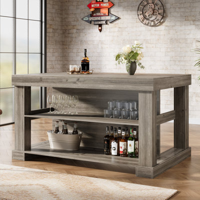55'' Large Home Bar Unit, 3-tier Pub Table With Storage Shelves, Modern Bar Table For Kitchen, Bistro, Living Room