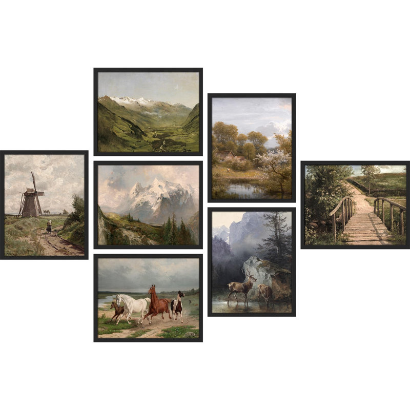 "Automne, campagne rétro, nature, désert" 7 pièces sur papier, H 16 po x l 12 po, Noir