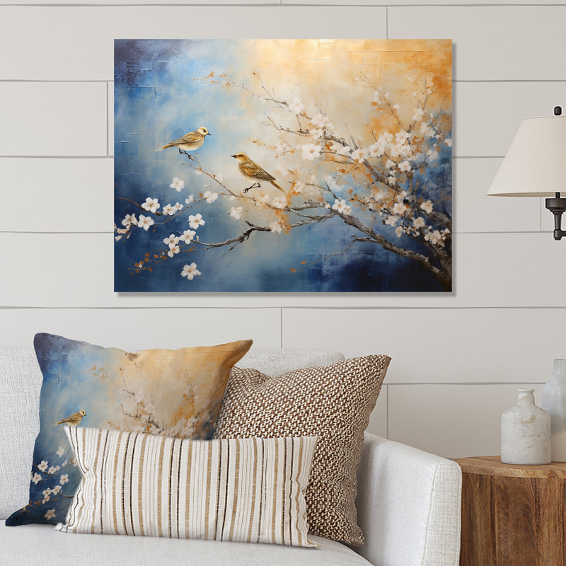 Oiseaux dorés et bleus sur un arbre floral - art mural oiseau en métal, H 16 po x l 32 po x P 1 po