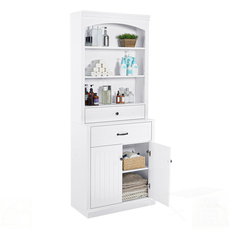 Bathroom Storage Cabinet With Four Doors, Drawers, Adjustable Shelf & Six Open Shelves – Durable MDF Construction