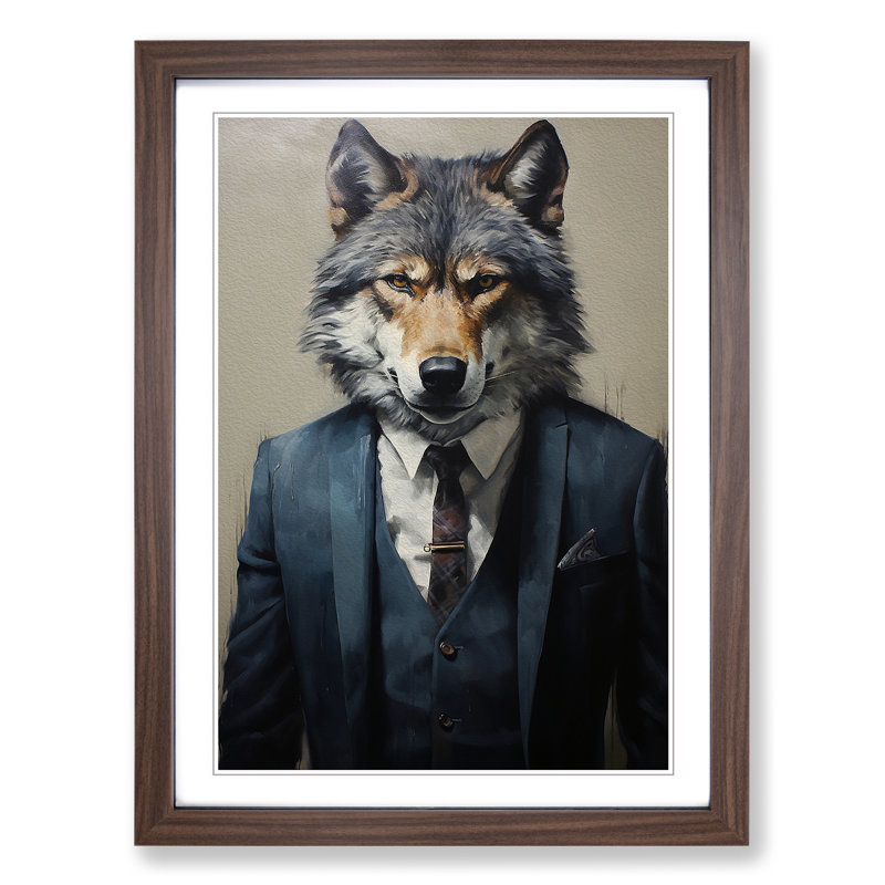 XYZ-FRM-V1223-1701 Wolf Painting - Single Picture Frame Print on Wood, 46cm H x 34cm W x 2cm D, Walnut