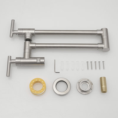Robinet de cuisine mural avec robinet de remplissage de pot, 304 ss, aspect nickel brossé, double