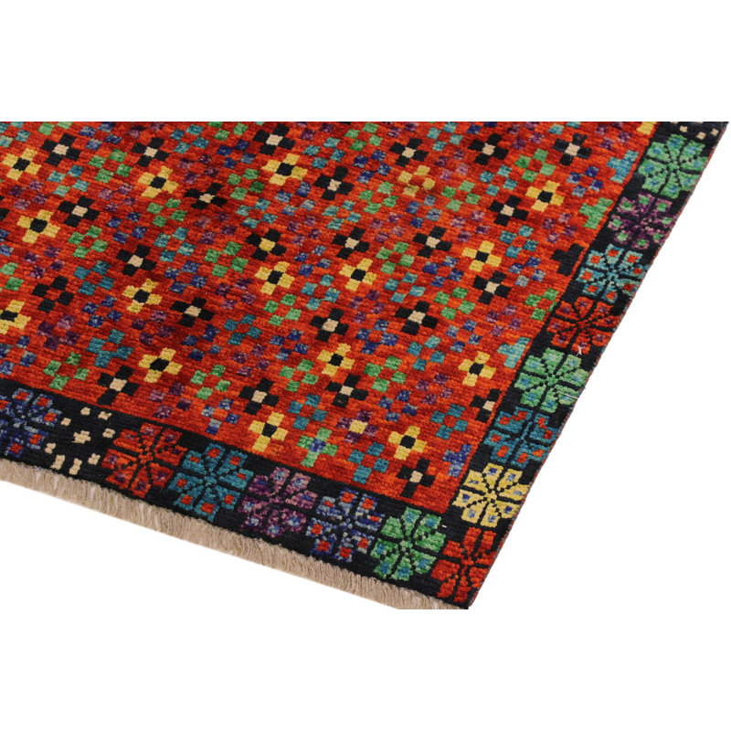 Tapis géométrique mauve / orange / vert en laine noué à la main à motif géométrique 3 pi 4 po x 4 pi 9 po Laudalino