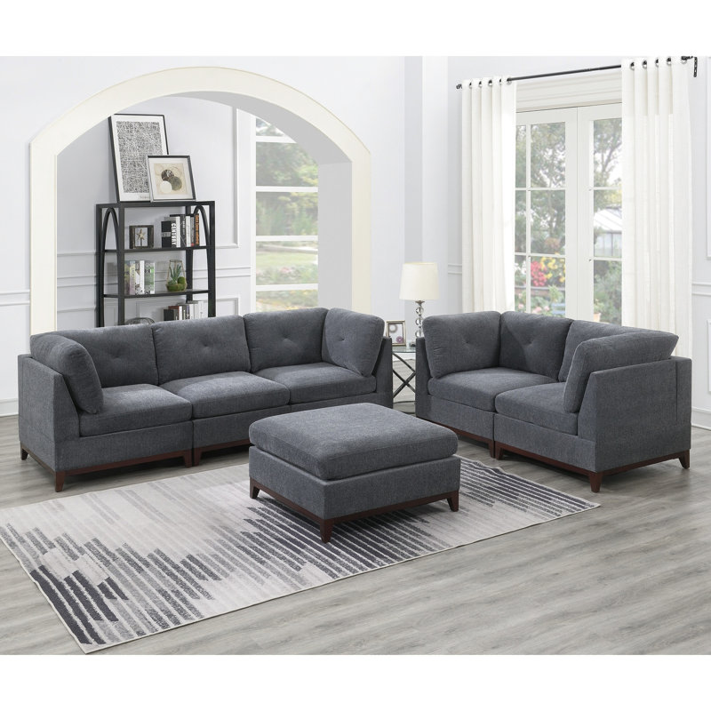 Canapé d'angle en tissu de chenille de style contemporain gris cendré avec pieds en bois et coussins modulaires classiques