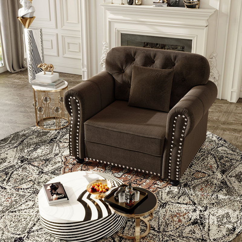 Canapé Chesterfield de 41,3 po en velours avec garniture cloutée et accoudoirs roulés, canapé de style Mid-Century moderne capitonné avec boutons, brun