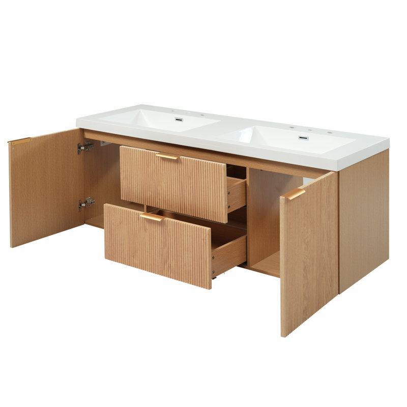 59.3" Wall-Mounted Floating Double Bathroom Vanity with SMC Resin Top, Brown