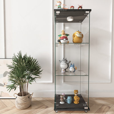 Modern Glass Display Cabinet With LED Lights, Quick-Assembly Antique Cabinet, Tempered Glass Bookshelf, Suitable For Living Room And Bedrooms, 1-Door 3-Shelf, Black