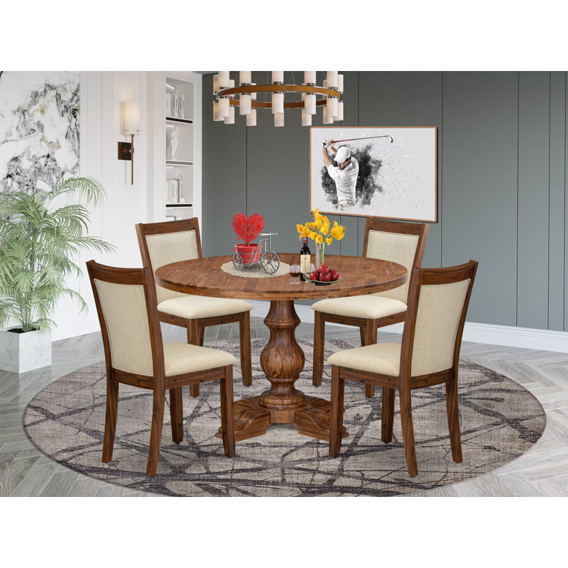 Ensemble de table de cuisine 5 pièces comprenant une table à piédestal et 4 chaises de cuisine en lin beige clair avec dossier rembourré - Noyer antique