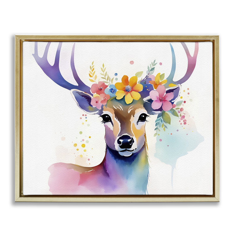 Art floral sur toile encadrée de cerfs par Amber Clarkson, Cadre flottant métallique doré, H 25 po x l 31 po