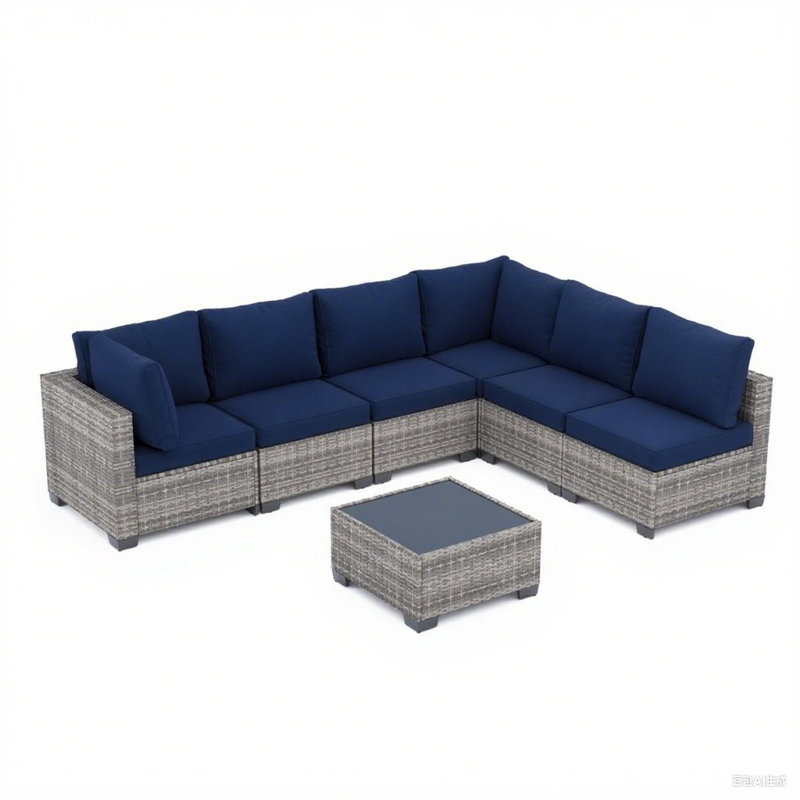 7 Pieces Outdoor Patio Furniture Set, Wicker Sectional Sofa Set Rattan Modular Patio Conversation Sets with Cushions Couch Set & Coffee Table for Outside, Garden, Balcony, Porch