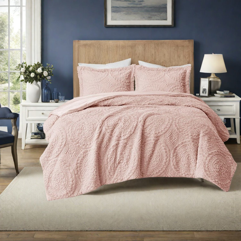 Ultra Plush Twin Polyester Bedding Sets, Embroidered Blush For Home