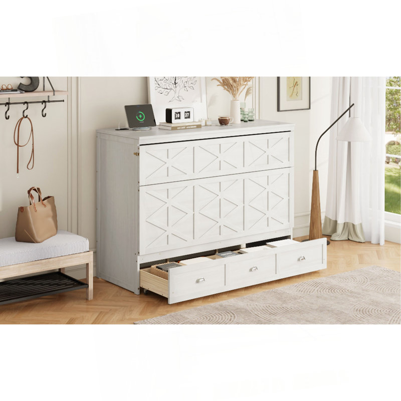 Grand lit escamotable avec grands tiroirs et port USB, Blanc