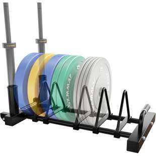 Support horizontal pour plaque de poids olympique | Structure en acier thermolaqué d'une capacité de 330 lb | 4 fentes de rangement pour 4 assiettes + 2 porte-haltères | Espacement des fentes réglable | Comprend les roues et les poignées antidérapan
