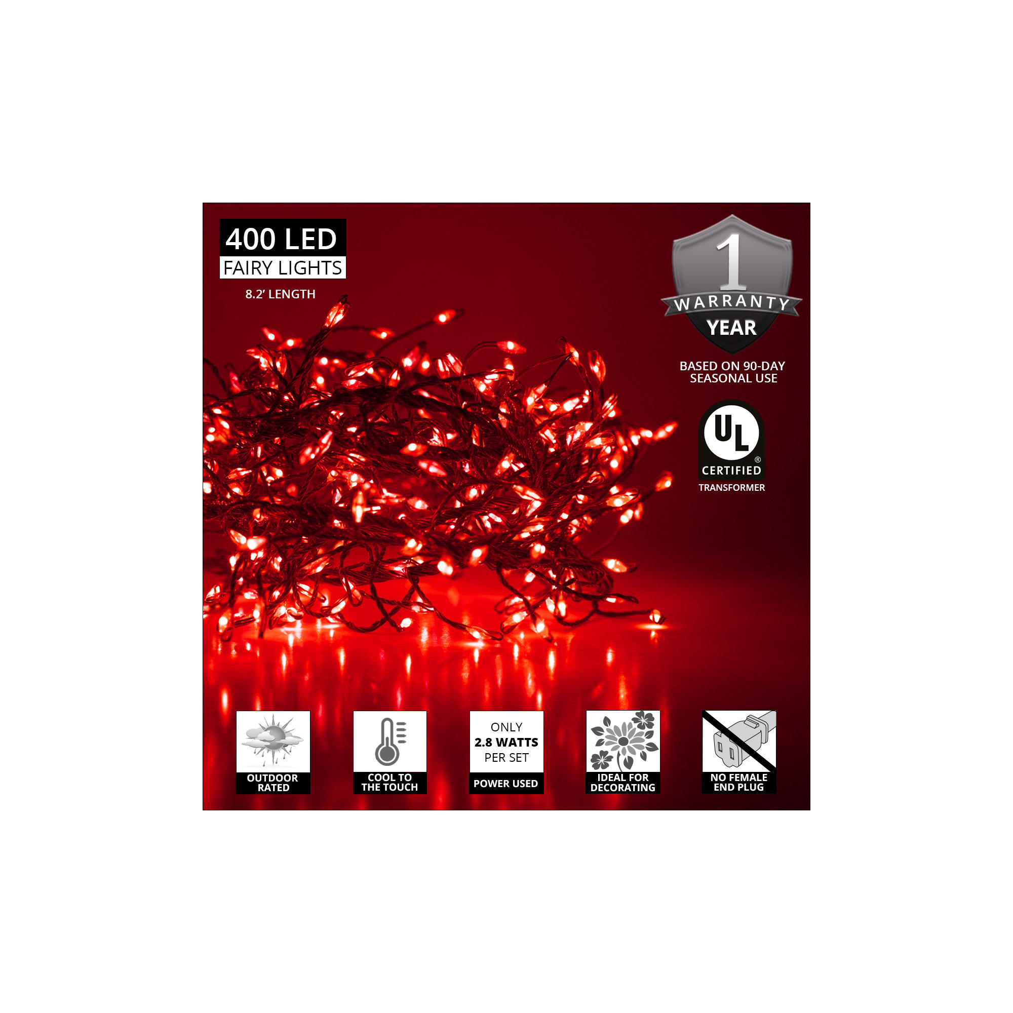 96'' LED String Lights, Red