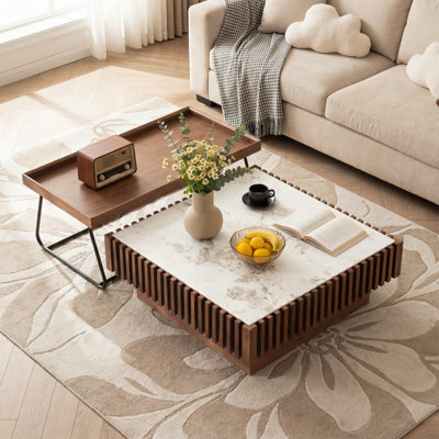 Walnut Veneer Coffee Table, Sintered Stone Top with Piano Key Detailing and Hidden Drawer, Mid-Century Modern Accent Table