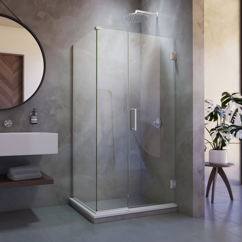 Unidoor Plus 44" W x 30.375" D x 72" H Frameless Pivot Rectangle Shower Enclosure with Fixed Panel, Brushed Nickel