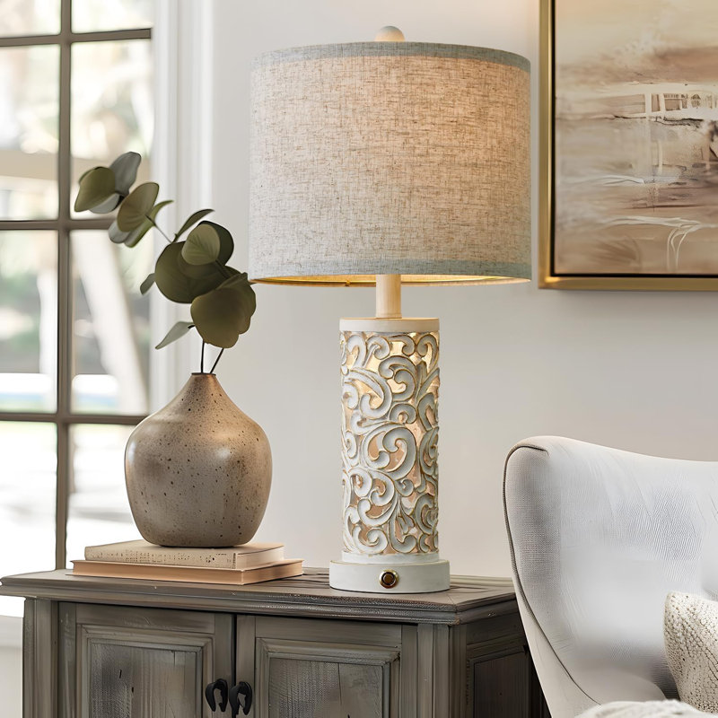 Vintage White Carved Base Table Lamp Set with Linen Shade