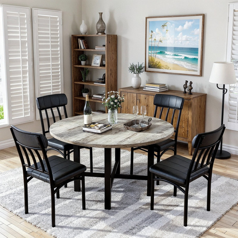 Round Dining Table Set For 4, 5-Piece Circle Kitchen Table And Chairs Set For 4,  Modern Round Dining Table With 4 Faux Leather Upholstered Chairs For Small Space, Kitchen, Breakfast Nook