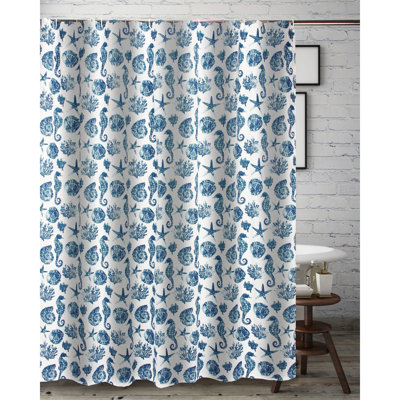 Greenland Home Fashions Pebble Beach Blue Shower Curtain, 72"x72", Coastal Seashell Print, 100% Brushed Microfiber Polyester