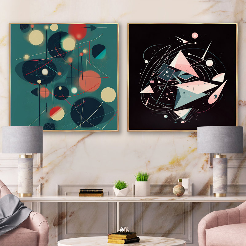 Approche minimaliste Mid-Century - ensemble de 2 collages abstraits carrés, Cadre flottant doré, H 36 po x l 73 po