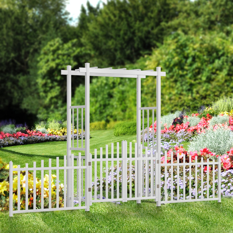 85 po Tonnelle de jardin en PVC avec barrière et clôture, Blanc