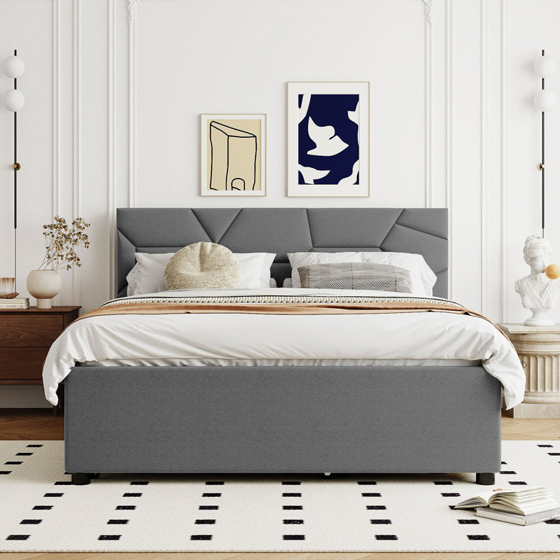 Lit plateforme tapissier avec tête de lit à motif brique, avec gigogne et 2 tiroirs, tissu en lin, Gris, Grand lit